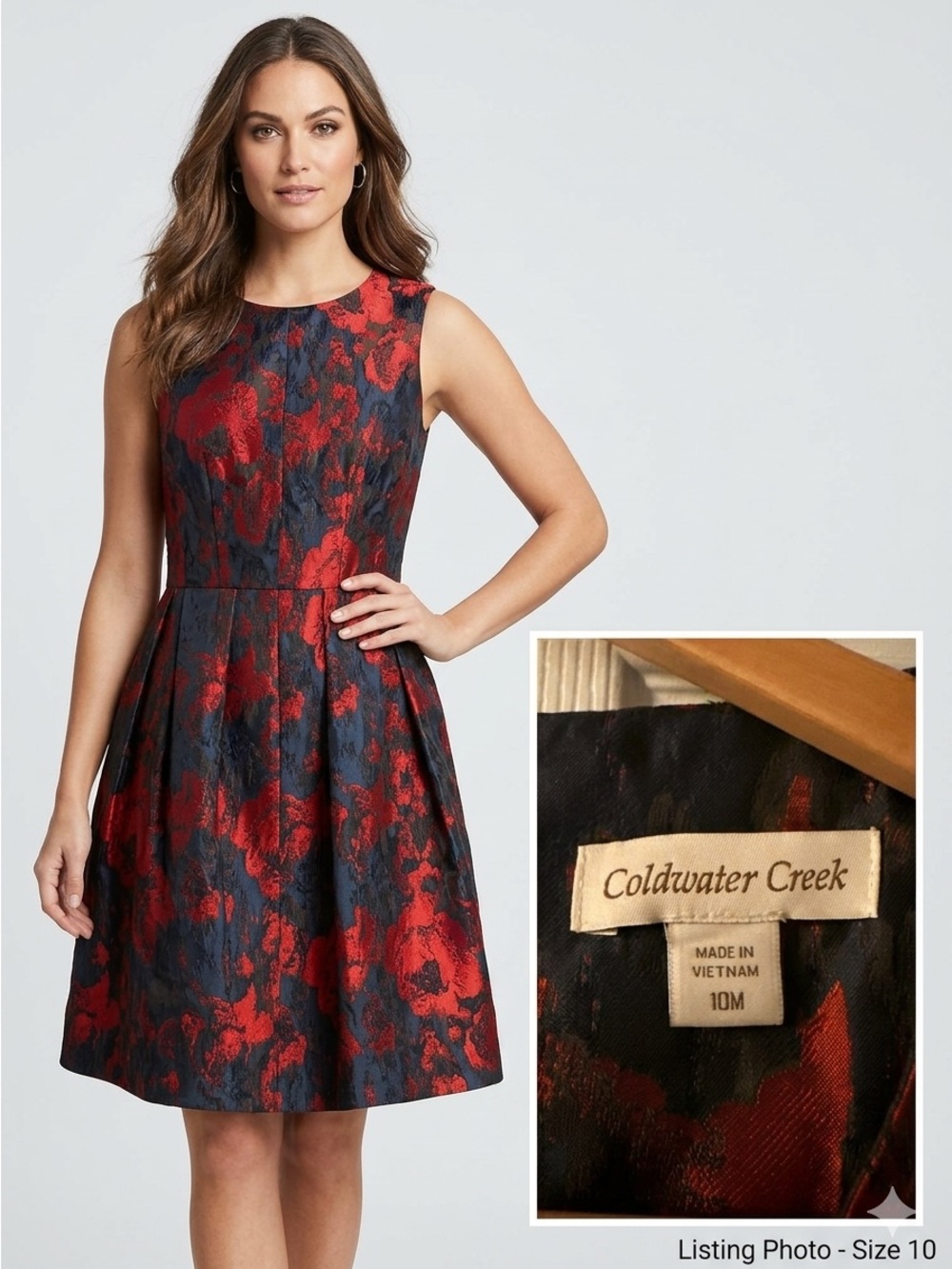 Coldwater Creek Red and Navy Floral Jacquard Dress